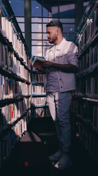 estudiante en biblioteca con libros en la mano